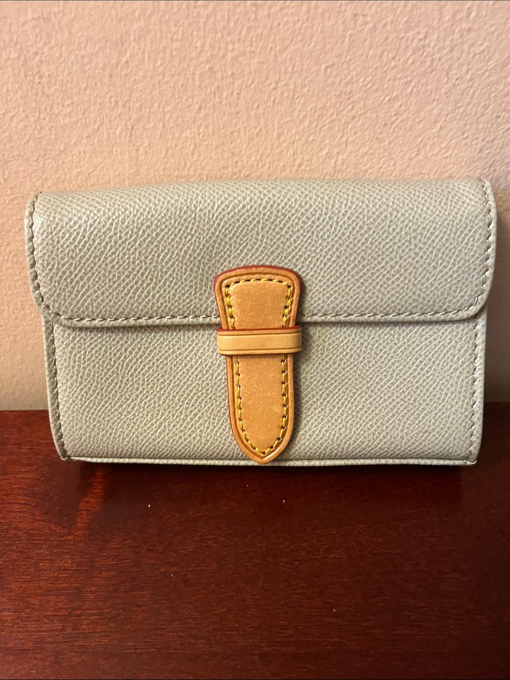Dooney & Bourke Light Gray Leather Wallet with Tan Logo Patch